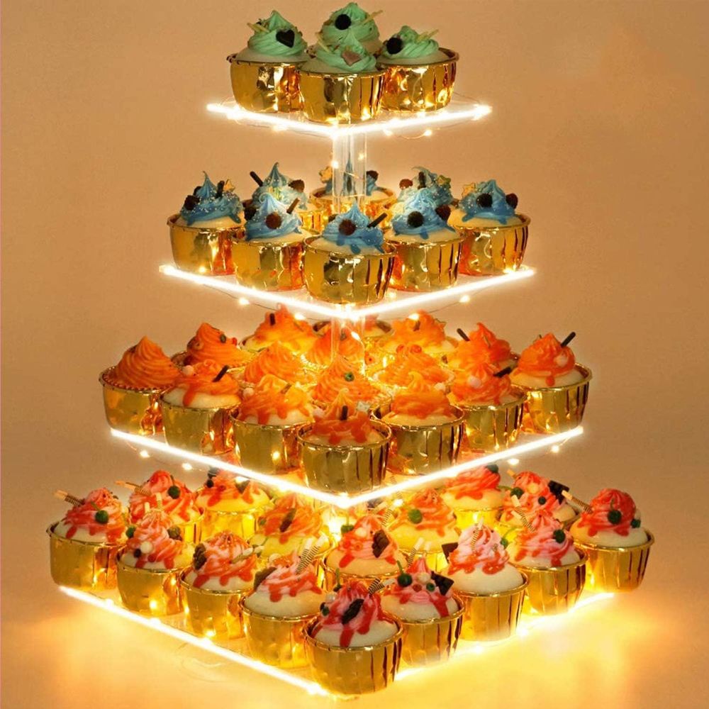 Cupcake Stand Tier - Cupcake-standaard met gele LED-verlichting, 4-laags cupcake-standaard